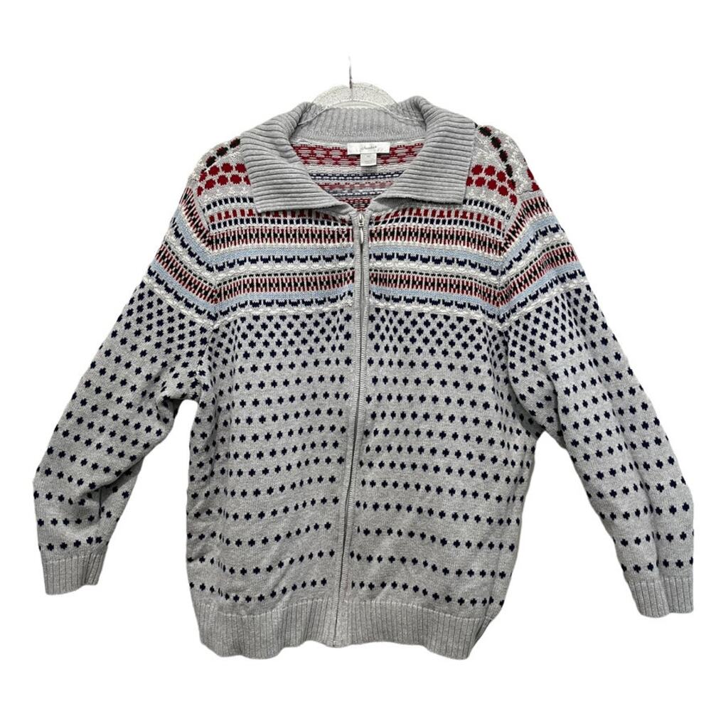 CJ Banks Cardigan Sweater Fair Isle Zip Front Women's 2X 100% Cotton Alpine Chic